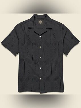 PORTUGUESE FLANNEL  Eyelet Camp Short Sleeve Shirt Embroidered Pattern Black XL
